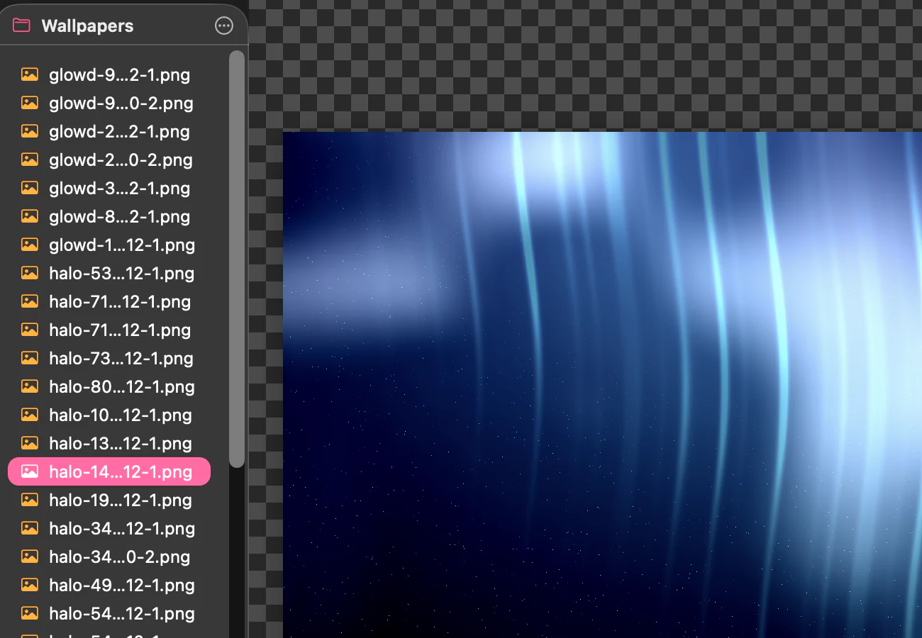 Close-up of Nyxd Editor's folder sidebar beside an image drawn on a transparency checkerboard